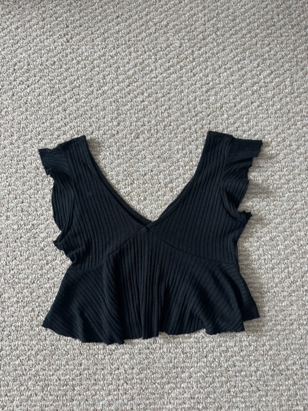 Wild Fable Black Ribbed V Neck Peplum Crop Top with Flutter Sleeves